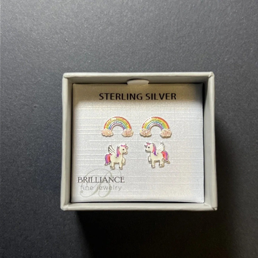 Sterling Silver 925 Rainbow Unicorn Stud Earrings Set of 2 Girls Enamel NIB